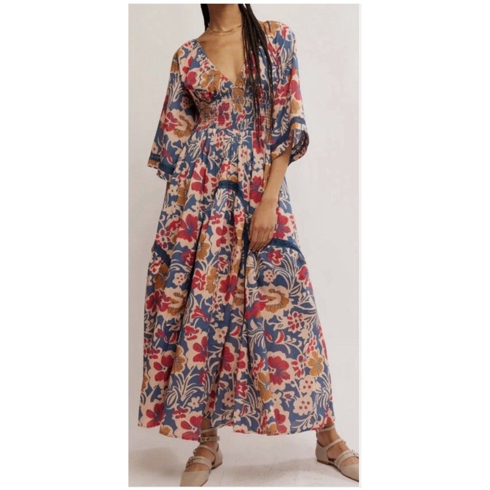 Free People Printed Dixie Smocked Waist Maxi Dress Vintage Indigo Maxi Size M